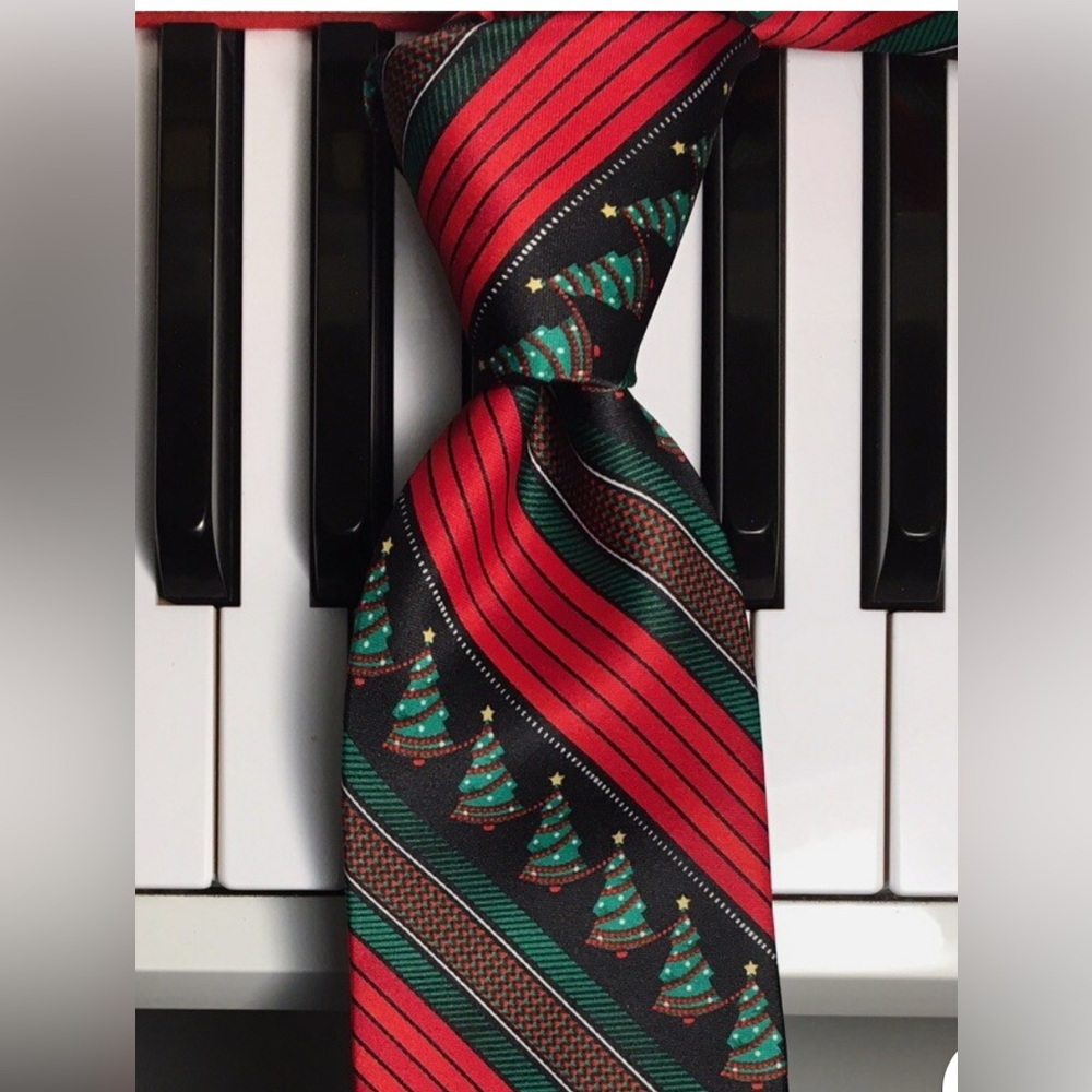 Deck The Halls Tie – Festive Stripes & Decorated Christmas Trees